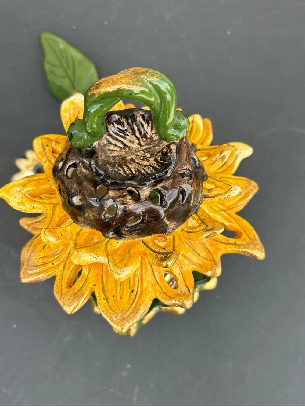 Blue Sky Yellow Sunflower Ceramic Lantern with Green Accents
